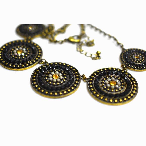 Contemporary Bronze Tone Link Chain Rhinestone Accent Pendant Bib Necklace - Picture 3 of 3